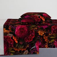 Large -  Vintage Summer Dark Night Romanticism:  Maximalism Moody Florals- Antiqued burgundy Roses And Orange Bouquets Nostalgic - Gothic Mystic Night-  Antique Botany Wallpaper and Victorian Goth Mystic inspired
