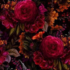 Large -  Vintage Summer Dark Night Romanticism:  Maximalism Moody Florals- Antiqued burgundy Roses And Orange Bouquets Nostalgic - Gothic Mystic Night-  Antique Botany Wallpaper and Victorian Goth Mystic inspired