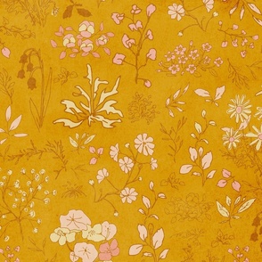 Small hand drawn boho wildflower meadow in mustard yellow with vintage texture