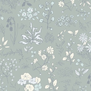 Small boho style hand drawn pale blue, cream and teal flowers on a eucalyptus green background