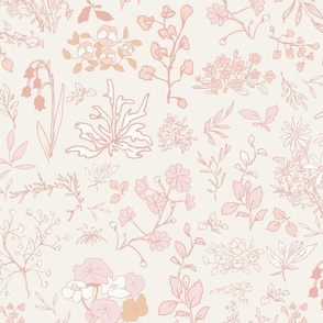 Small boho style hand drawn pink, white and peach flowers on a cream background