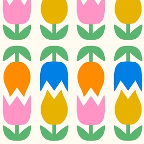 Two Tulips Up and Down - retro floral - blue, orange, pink and mustard yellow flowers - large 