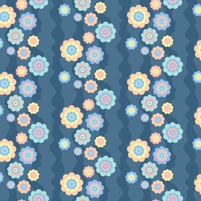 Retro Flowers on Navy Waves- Small