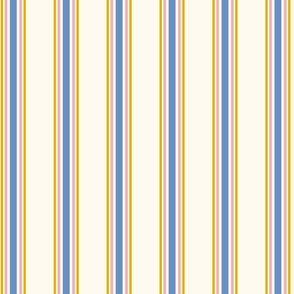 Small - Pink, medium blue and yellow stripes on cream - 5 stripes - classic coastal neutral wallpaper - Farmhouse ticking stripe