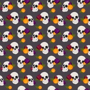 Halloween Floral Skulls on Black Background - Medium