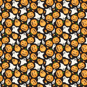 Cute Halloween Pumpkin and Ghosts in Black - Medium 