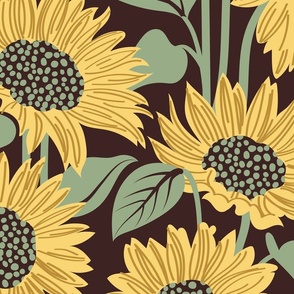 Large jumbo scale // Sun-kissed sunflowers // expresso brown background yellow flowers sage green leaves 