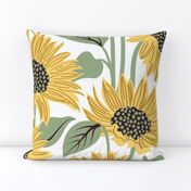 Sun-kissed sunflowers // large jumbo scale // white background yellow flowers sage green leaves 