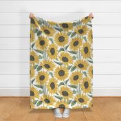 Sun-kissed sunflowers // large jumbo scale // white background yellow flowers sage green leaves 