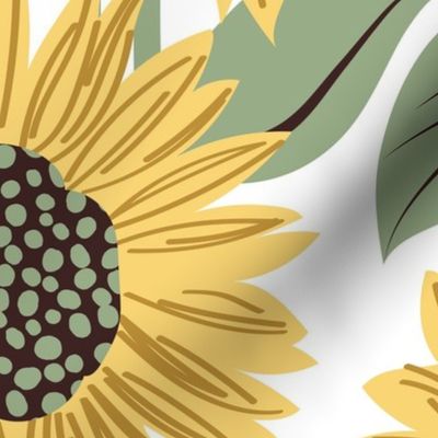 Sun-kissed sunflowers // large jumbo scale // white background yellow flowers sage green leaves 