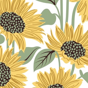 Sun-kissed sunflowers // large jumbo scale // white background yellow flowers sage green leaves 