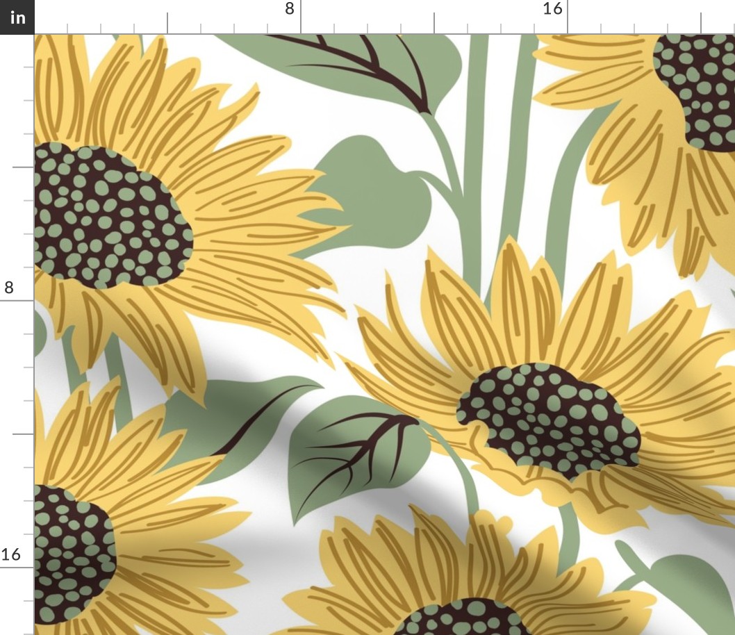 Sun-kissed sunflowers // large jumbo scale // white background yellow flowers sage green leaves 