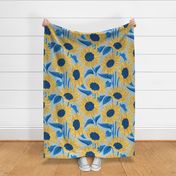 Large jumbo scale // Sun-kissed sunflowers // fog blue background yellow flowers bluebell blue leaves 