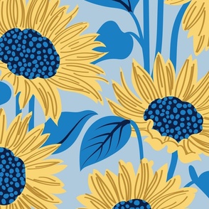 Large jumbo scale // Sun-kissed sunflowers // fog blue background yellow flowers bluebell blue leaves 