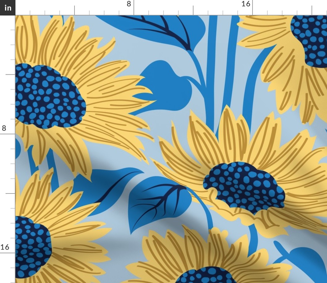 Large jumbo scale // Sun-kissed sunflowers // fog blue background yellow flowers bluebell blue leaves 