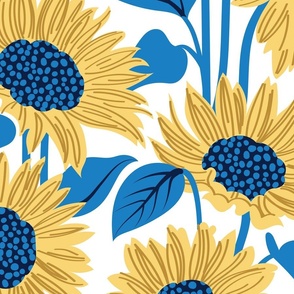 Large jumbo scale // Sun-kissed sunflowers // white background yellow flowers bluebell blue leaves 