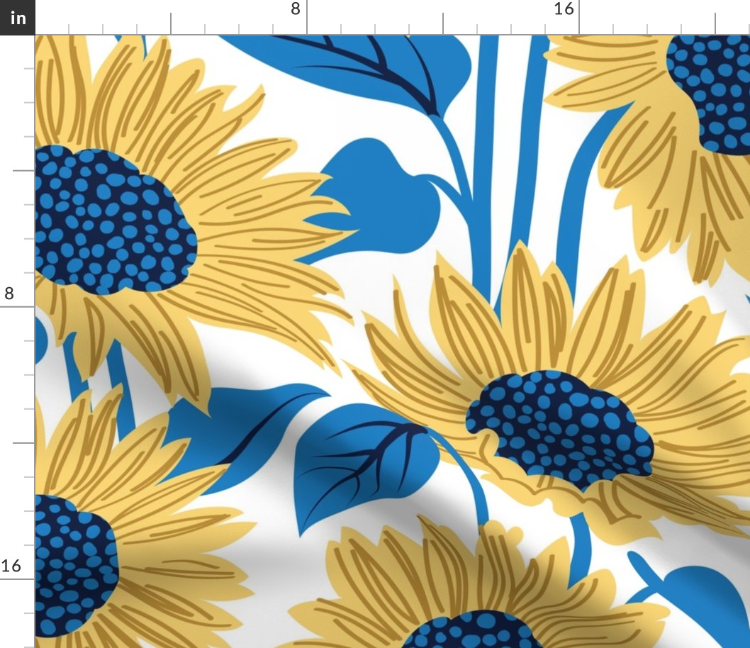 Large jumbo scale // Sun-kissed sunflowers // white background yellow flowers bluebell blue leaves 