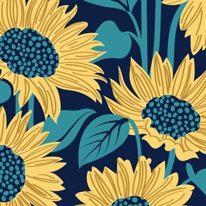 Large jumbo scale // Sun-kissed sunflowers // oxford navy blue background yellow flowers lagoon teal leaves 