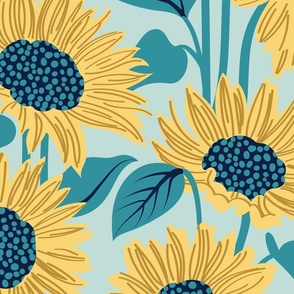 Large jumbo scale // Sun-kissed sunflowers // aqua background yellow flowers lagoon teal leaves 