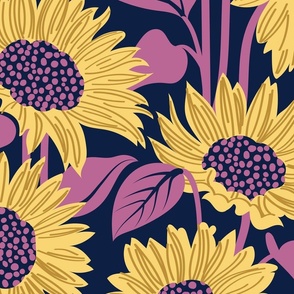 Large jumbo scale // Sun-kissed sunflowers // oxford navy blue background yellow flowers peony pink leaves 