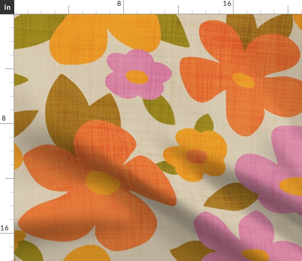 Large Abstract Retro Flowers in Pink, Orange, Yellow, Green and Beige