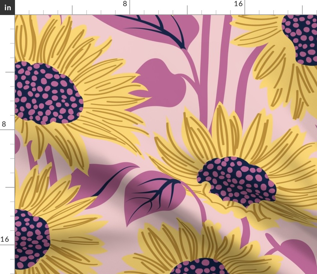 Large jumbo scale // Sun-kissed sunflowers // cotton candy background yellow flowers peony pink leaves 