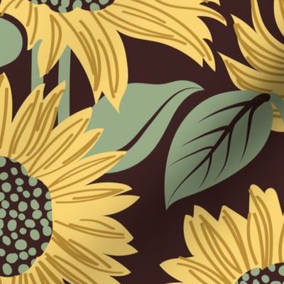 Normal scale // Sun-kissed sunflowers // expresso brown background yellow flowers sage green leaves 