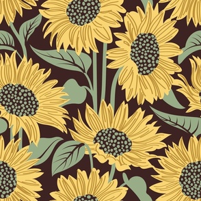 Normal scale // Sun-kissed sunflowers // expresso brown background yellow flowers sage green leaves 