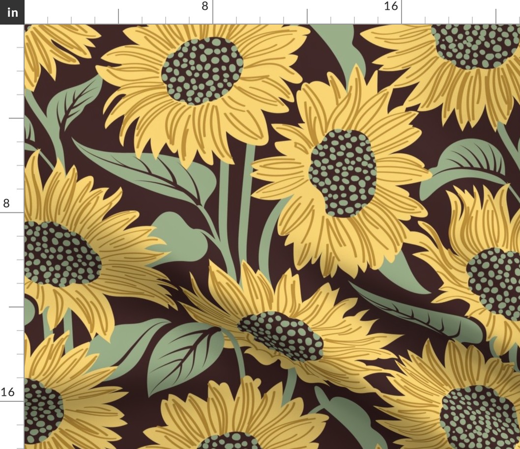 Normal scale // Sun-kissed sunflowers // expresso brown background yellow flowers sage green leaves 