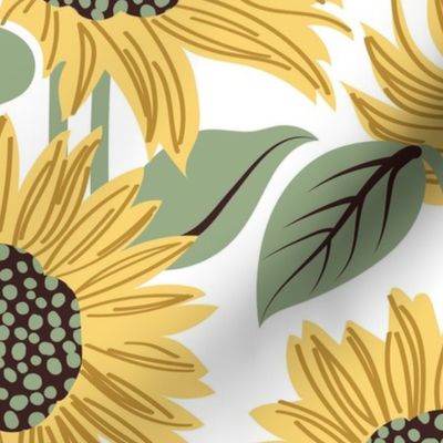 Normal scale // Sun-kissed sunflowers // white background yellow flowers sage green leaves 