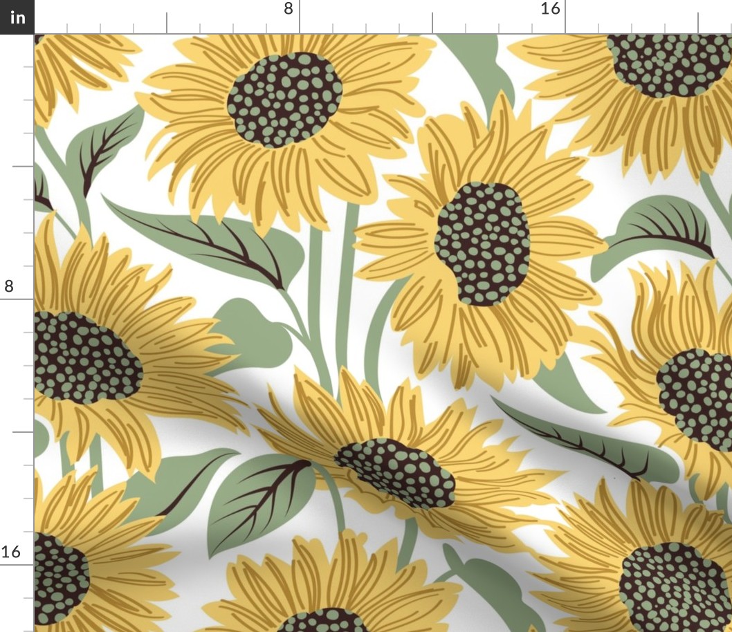 Normal scale // Sun-kissed sunflowers // white background yellow flowers sage green leaves 