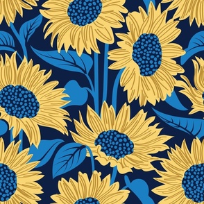 Normal scale // Sun-kissed sunflowers // oxford navy blue background yellow flowers bluebell blue leaves 