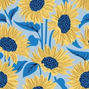 Normal scale // Sun-kissed sunflowers // fog blue background yellow flowers bluebell blue leaves 