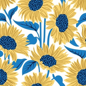 Normal scale // Sun-kissed sunflowers // white background yellow flowers bluebell blue leaves 