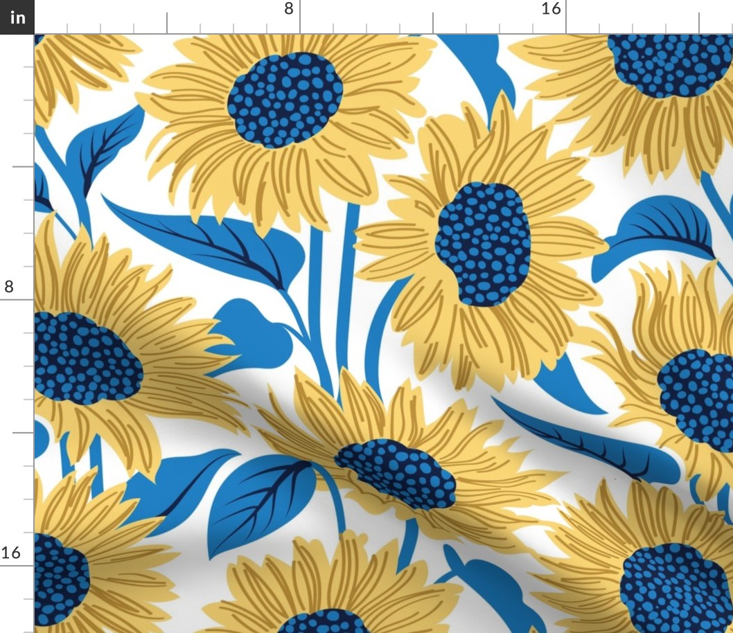 Normal scale // Sun-kissed sunflowers // white background yellow flowers bluebell blue leaves 