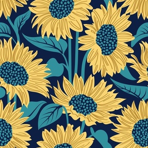 Normal scale // Sun-kissed sunflowers // oxford navy blue background yellow flowers lagoon teal leaves 