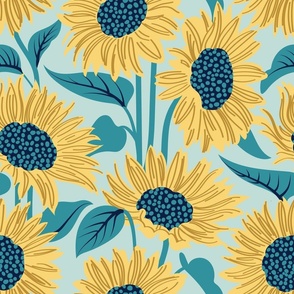 Normal scale // Sun-kissed sunflowers // aqua background yellow flowers lagoon teal leaves 