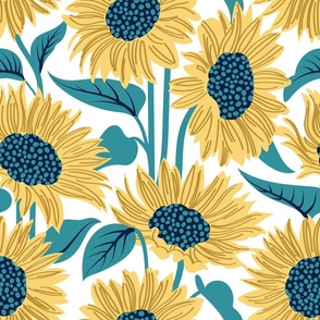 Normal scale // Sun-kissed sunflowers // white background yellow flowers lagoon teal leaves 