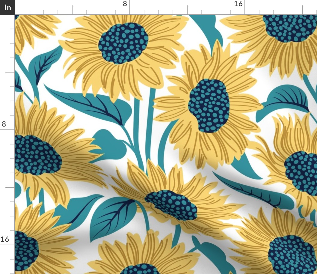 Normal scale // Sun-kissed sunflowers // white background yellow flowers lagoon teal leaves 