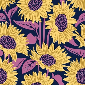 Normal scale // Sun-kissed sunflowers // oxford navy blue background yellow flowers peony pink leaves 