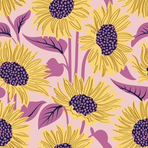 Normal scale // Sun-kissed sunflowers // cotton candy background yellow flowers peony pink leaves 