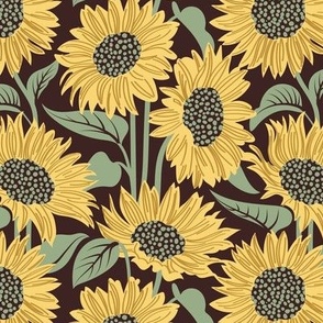 Small scale // Sun-kissed sunflowers // expresso brown background yellow flowers sage green leaves 