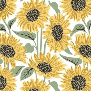 Small scale // Sun-kissed sunflowers // white background yellow flowers sage green leaves 