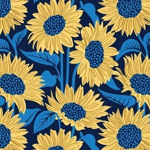 Small scale // Sun-kissed sunflowers // oxford navy blue background yellow flowers bluebell blue leaves 