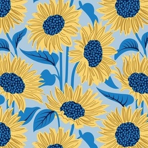 Small scale // Sun-kissed sunflowers // fog blue background yellow flowers bluebell blue leaves 