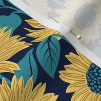 Small scale // Sun-kissed sunflowers // oxford navy blue background yellow flowers lagoon teal leaves 