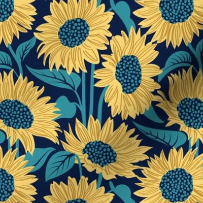 Small scale // Sun-kissed sunflowers // oxford navy blue background yellow flowers lagoon teal leaves 