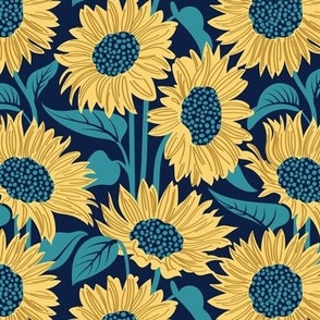Small scale // Sun-kissed sunflowers // oxford navy blue background yellow flowers lagoon teal leaves 