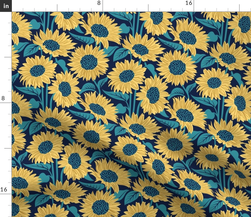 Small scale // Sun-kissed sunflowers // oxford navy blue background yellow flowers lagoon teal leaves 