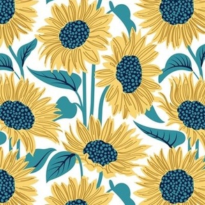 Small scale // Sun-kissed sunflowers // white background yellow flowers lagoon teal leaves 